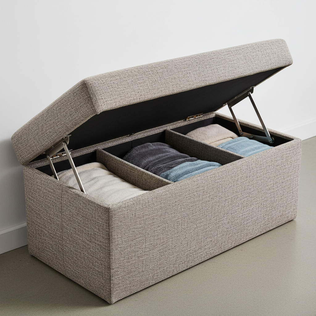Close-up of hinged lid and interior storage compartments inside an upholstered storage ottoman
