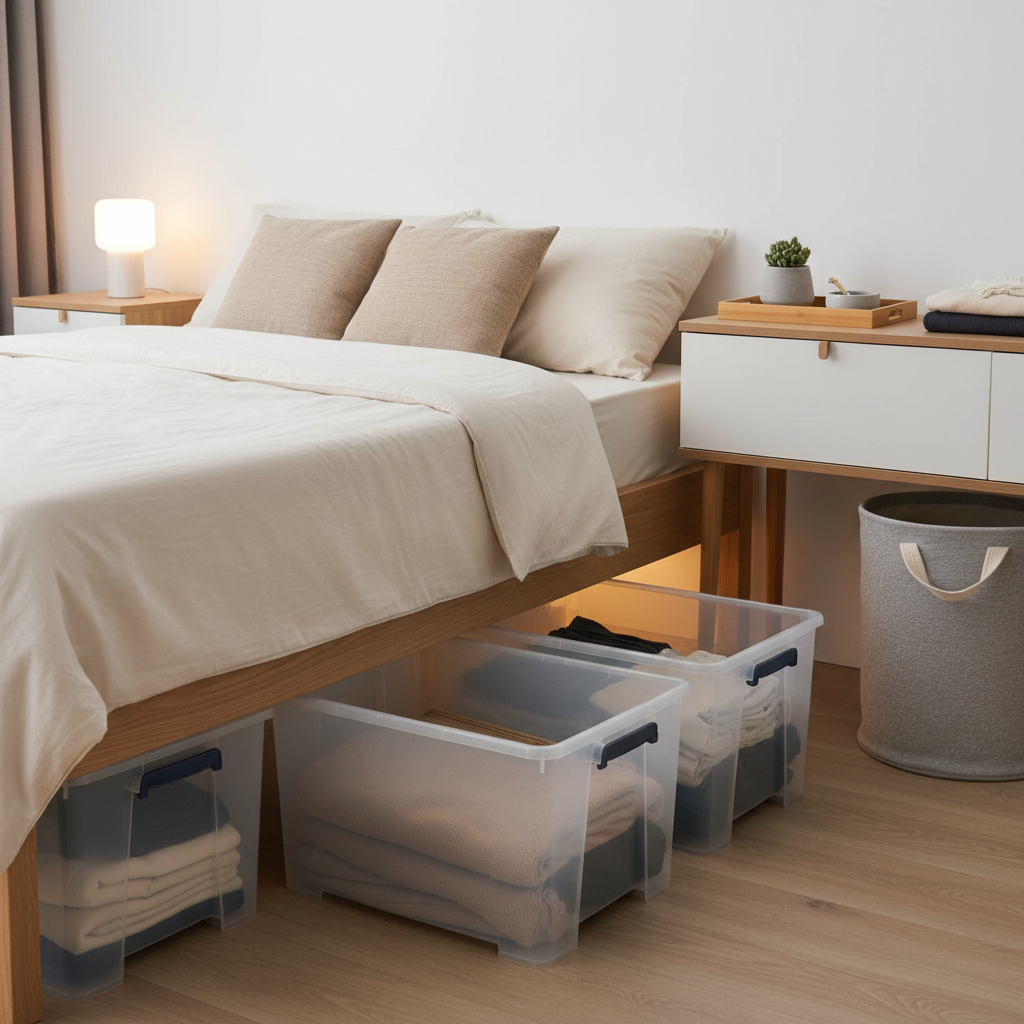 Budget bedroom organization with under-bed storage and tidy surfaces