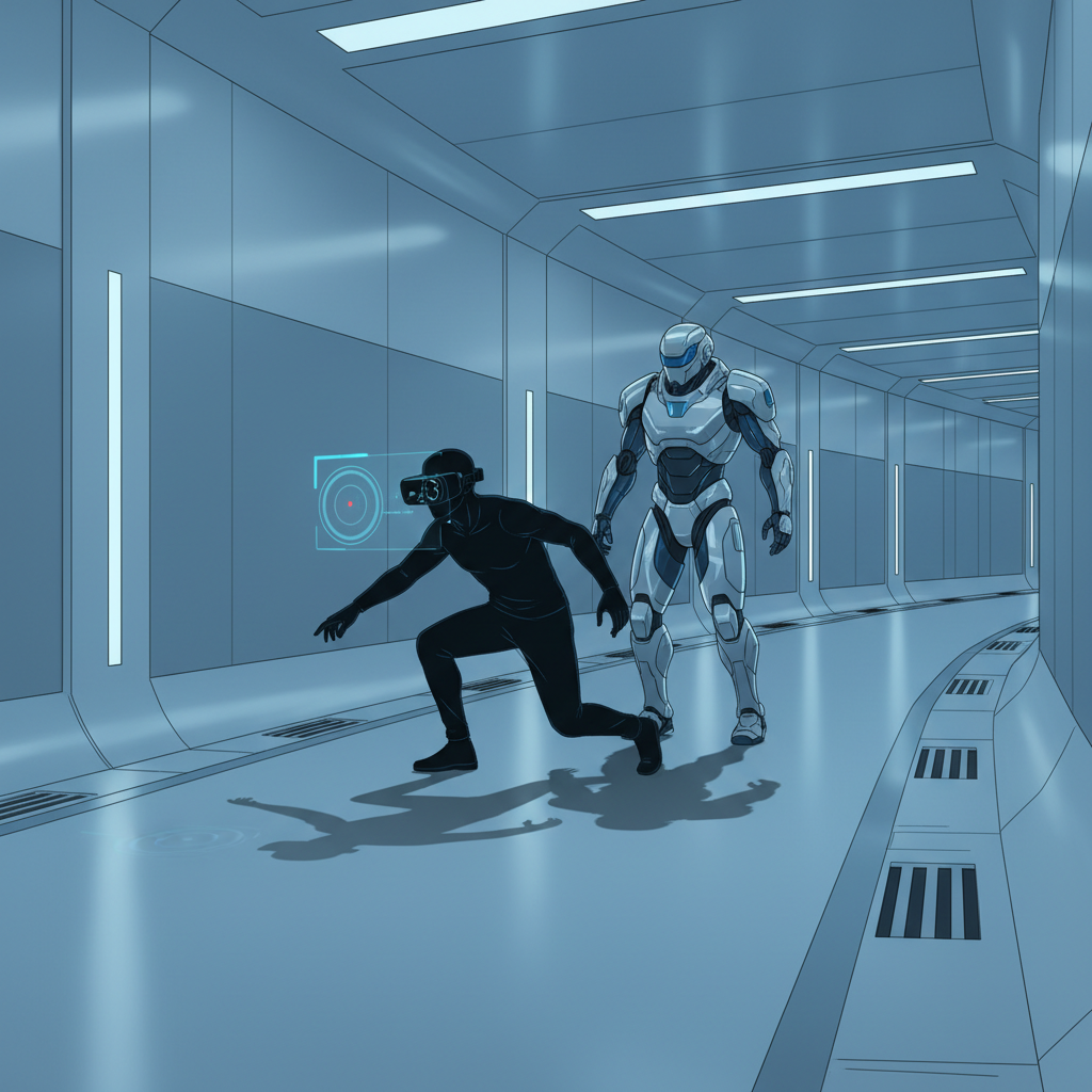 VR player sneaking behind a guard in a futuristic corridor