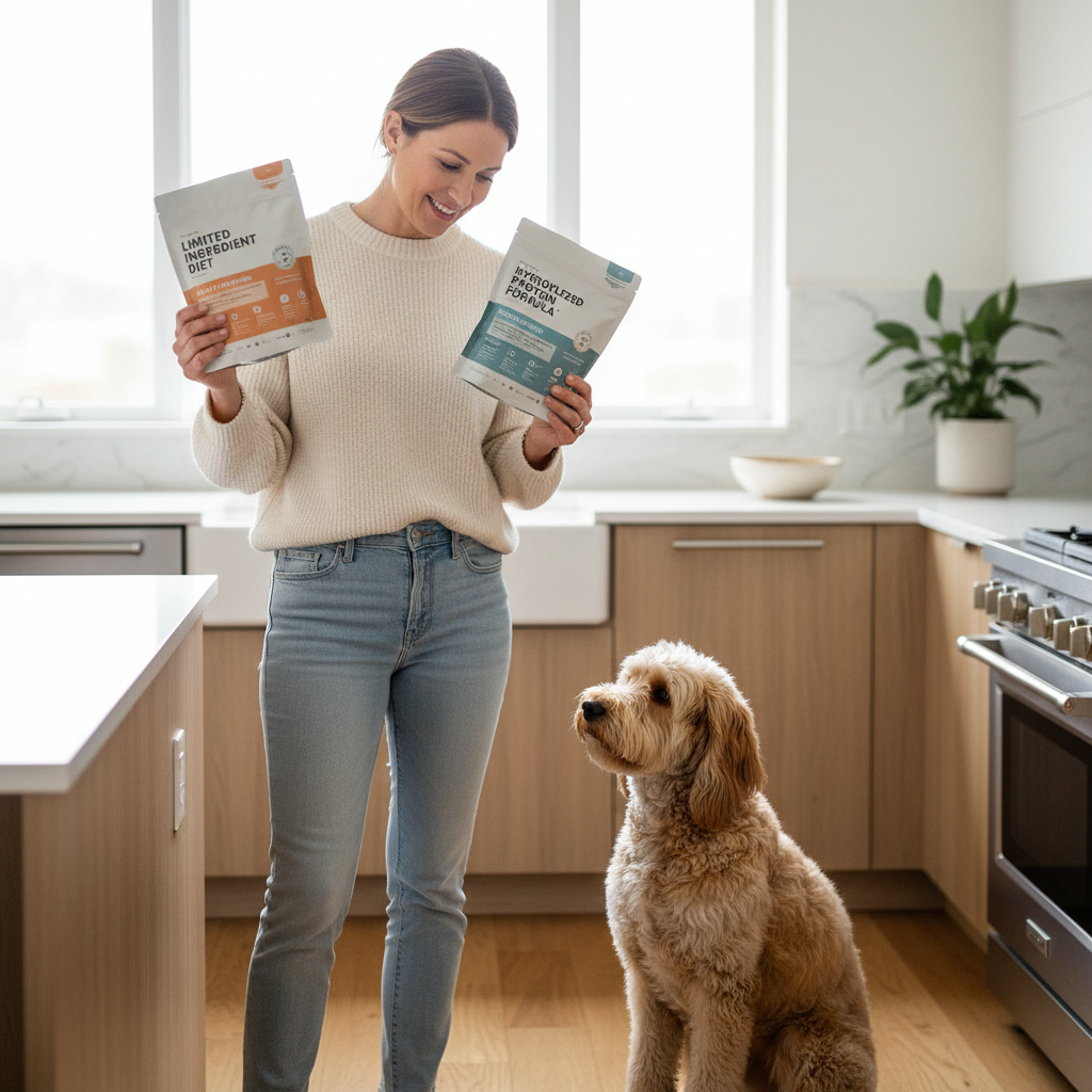 Dog owner comparing limited ingredient and hydrolyzed dog food labels for allergies