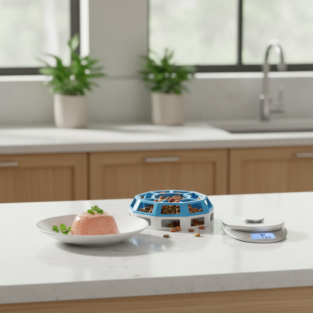 Portion-controlled wet and dry cat meals for weight management