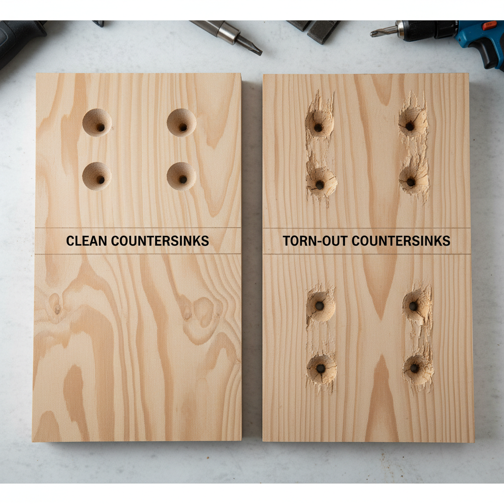 Clean vs torn-out countersink holes in softwood and plywood comparison
