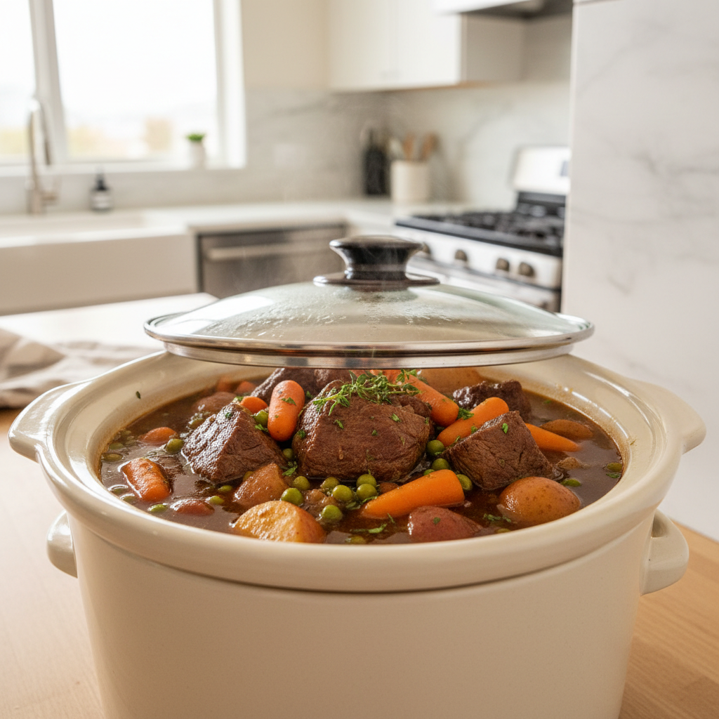 Slow cooker beef stew with tender beef, carrots, and potatoes in a cozy kitchen