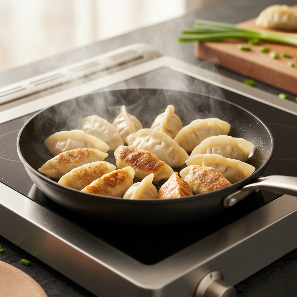 Pan-frying dumplings in a skillet with golden crispy bottoms