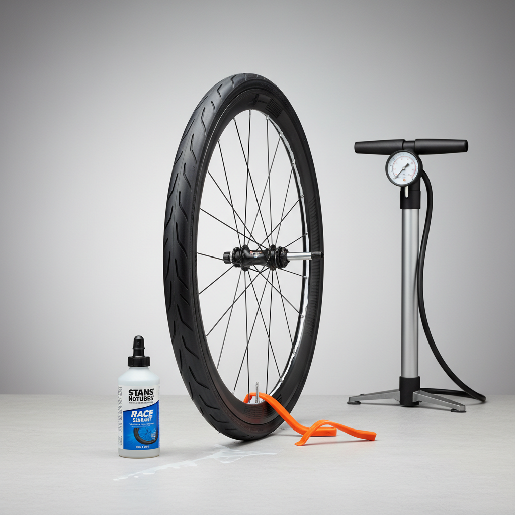 Tubeless road tire installation with sealant and pump on workbench