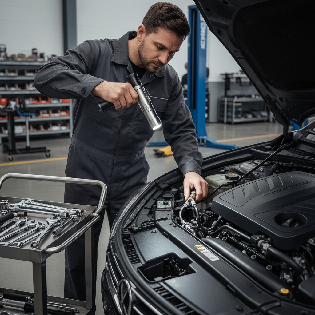 Mechanic inspecting power steering hose connections for leaks with a flashlight