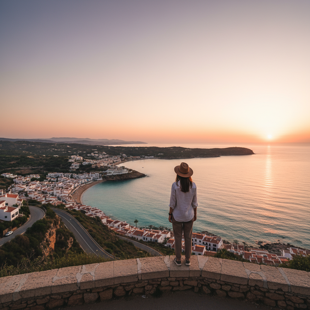 Traveler overlooking a quiet coastal town at golden hour, alternative to crowded 2026 hotspots