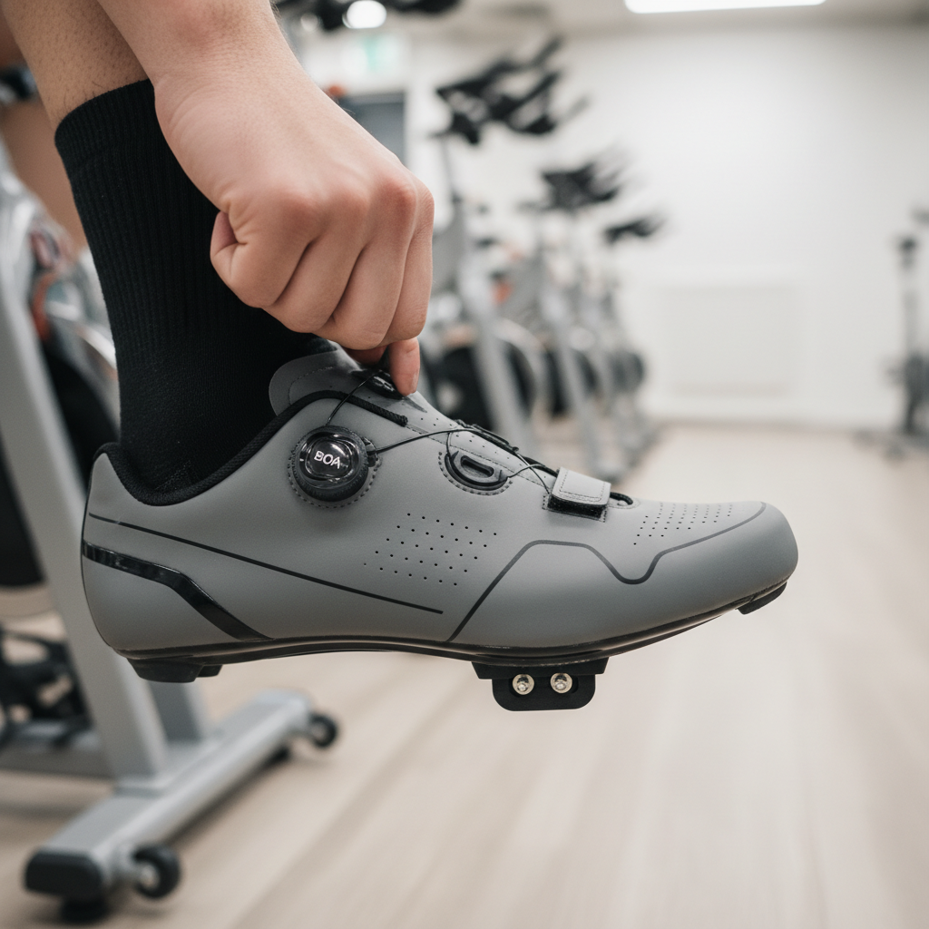 Close-up of correctly tightened spin shoe straps or BOA dial