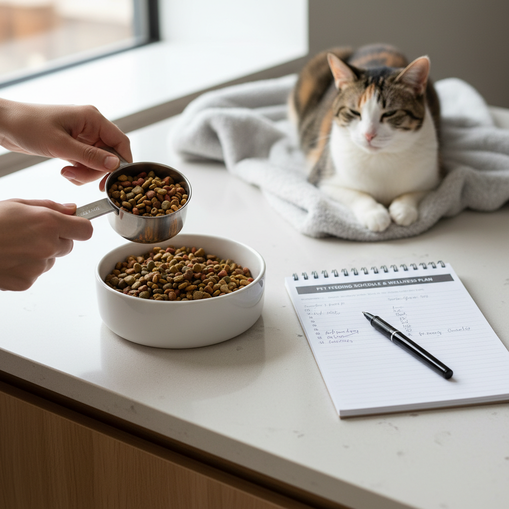 Measuring dry cat food portions for sensitive stomach feeding plan