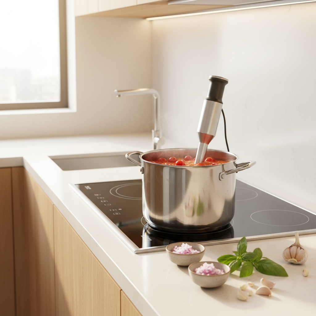 Tomato soup ingredients in a pot with immersion blender for creamy texture