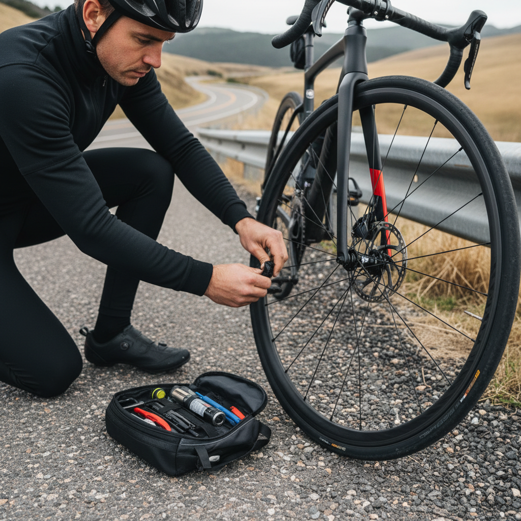 Cyclist using a tubeless tire plug kit on a road bike tire outdoors