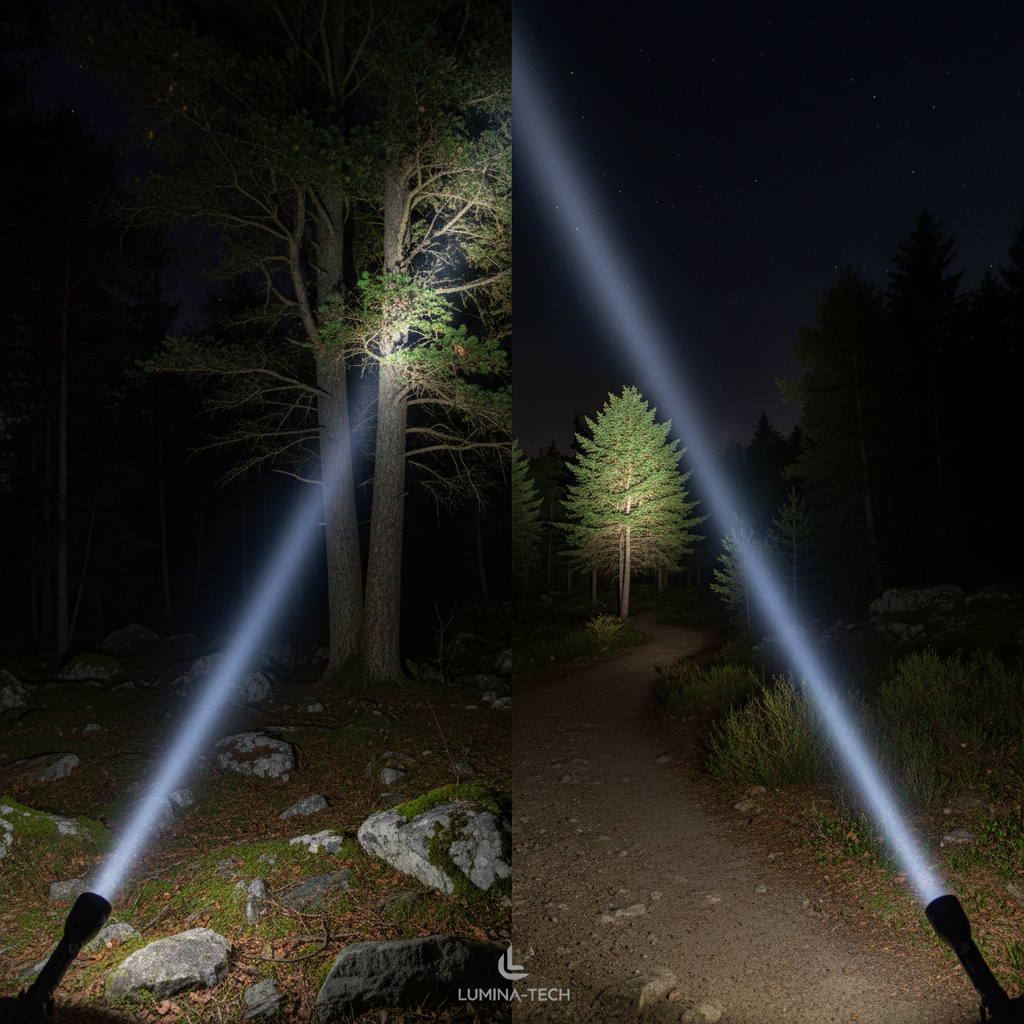 Flashlight beam comparison flood vs throw on a forest trail at night