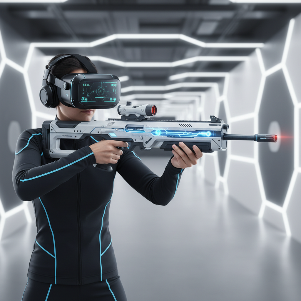Player aiming a VR rifle in a futuristic shooting range