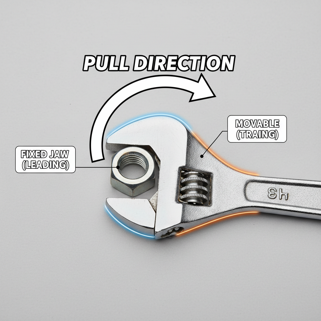 Diagram-style view showing fixed jaw leading the pull direction on an adjustable wrench