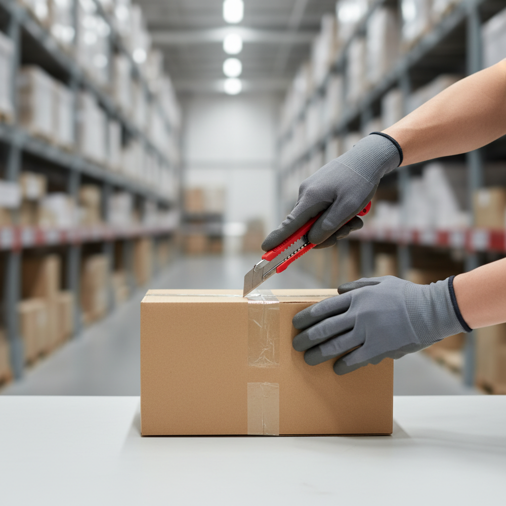 Proper box cutting technique showing shallow blade depth along a tape seam