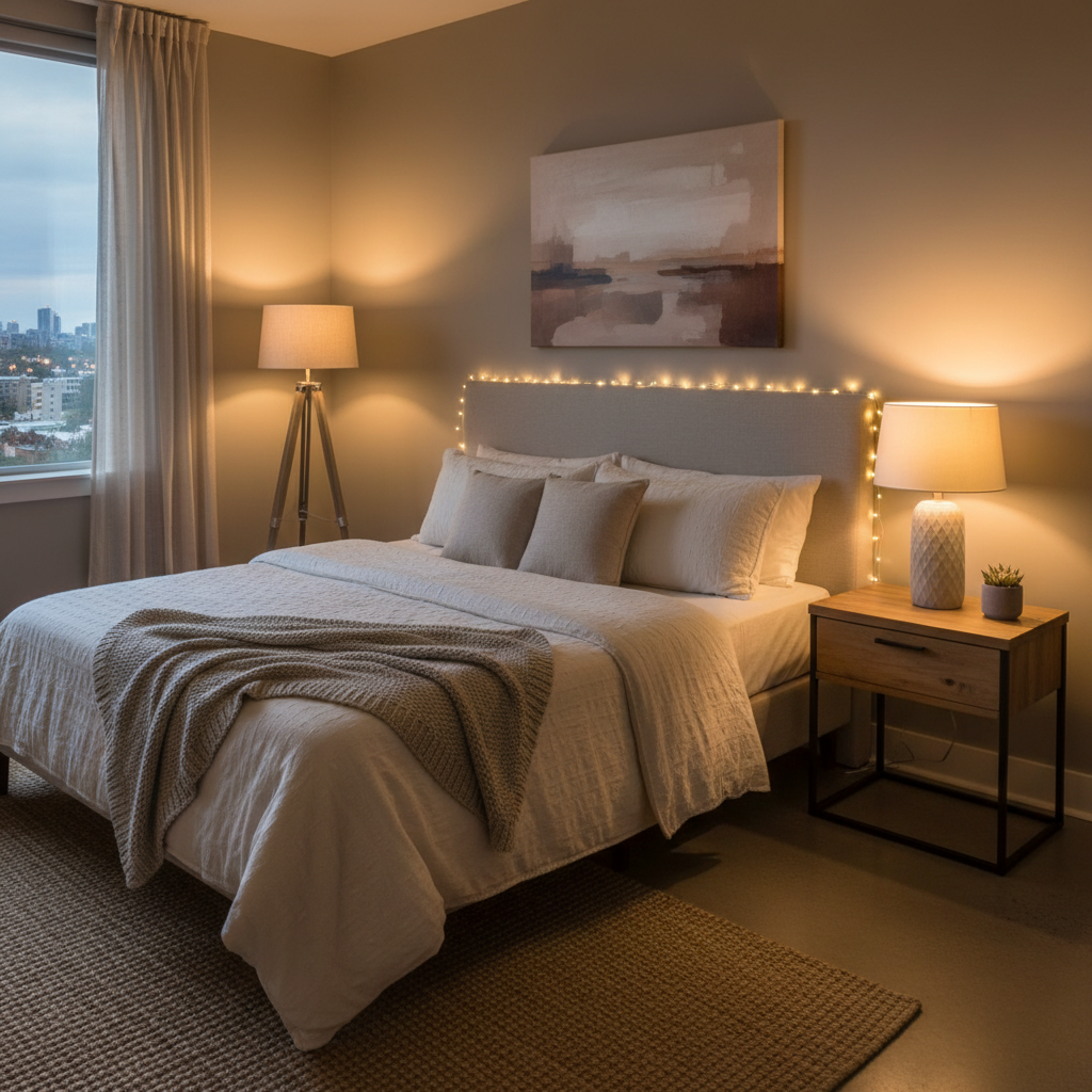 Cozy bedroom with warm layered lighting on a budget