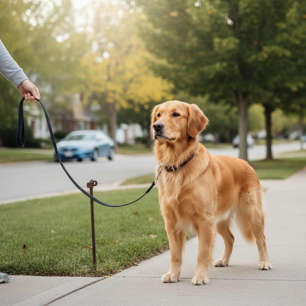 Dog holding a stay outdoors on leash near a sidewalk while handler practices real-world distractions