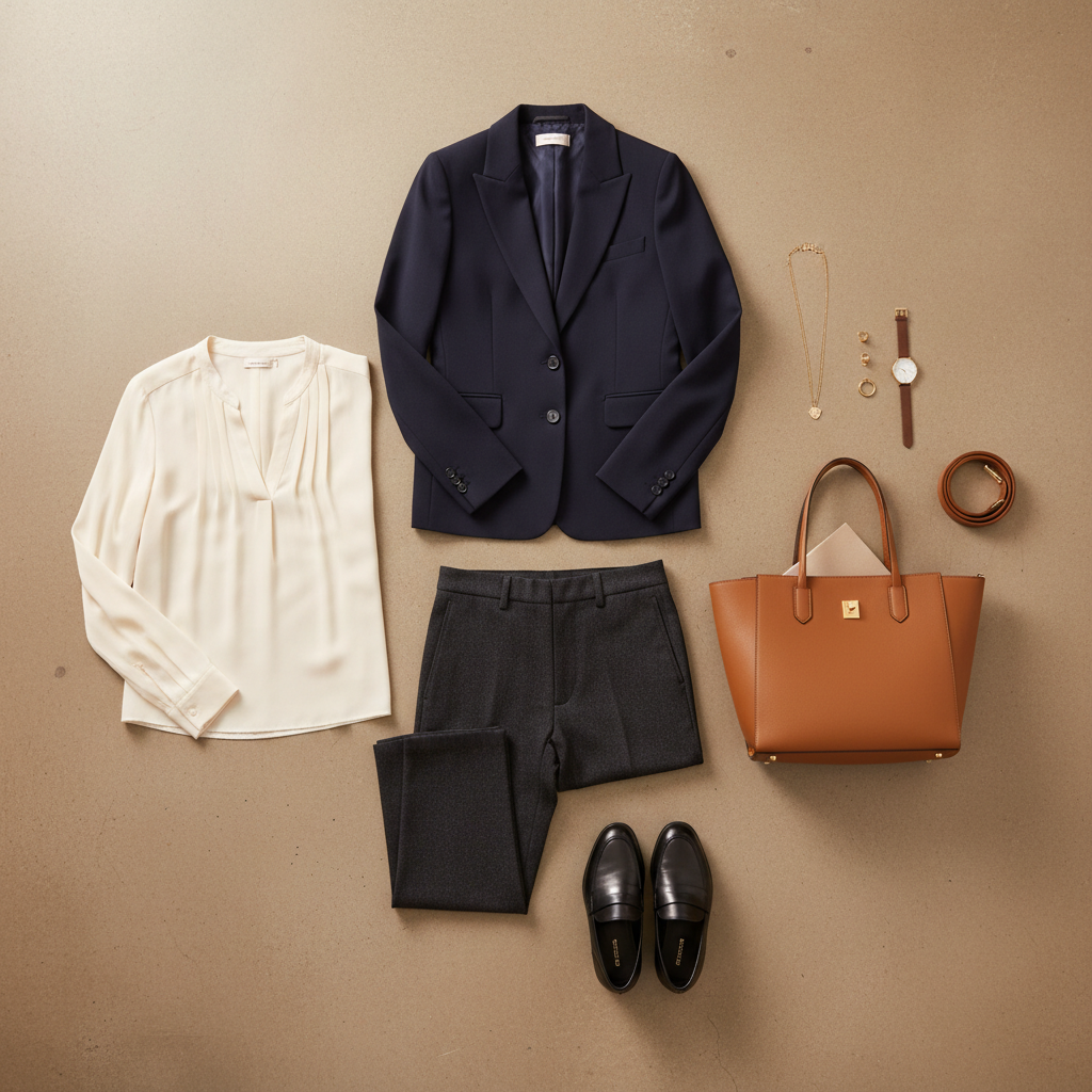 Capsule work wardrobe essentials: blazer, trousers, blouse, belt, loafers