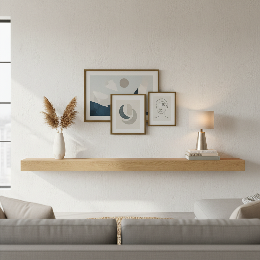 Styled mantel shelf on a blank wall without a fireplace