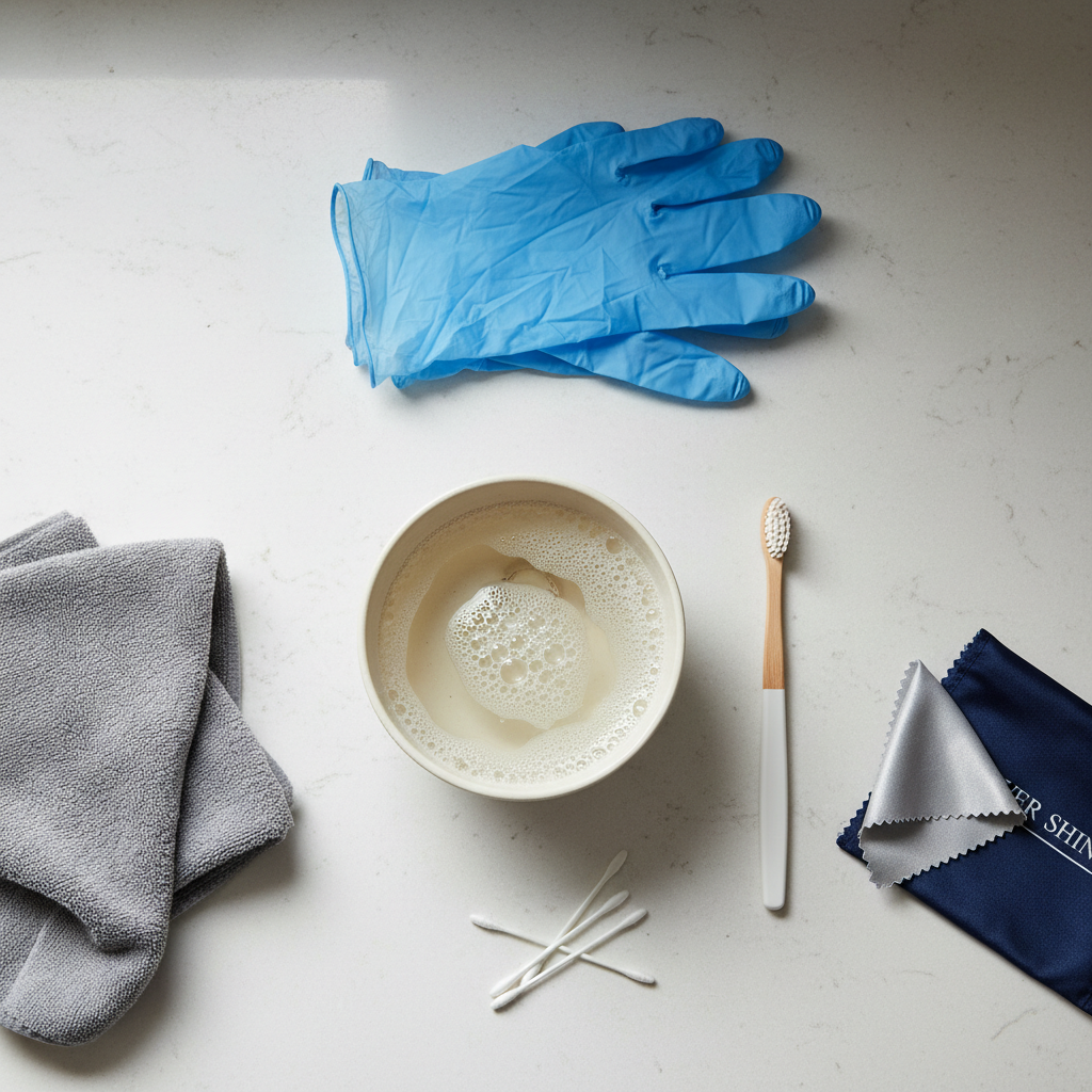 Flat lay of safe silver jewelry cleaning supplies at home