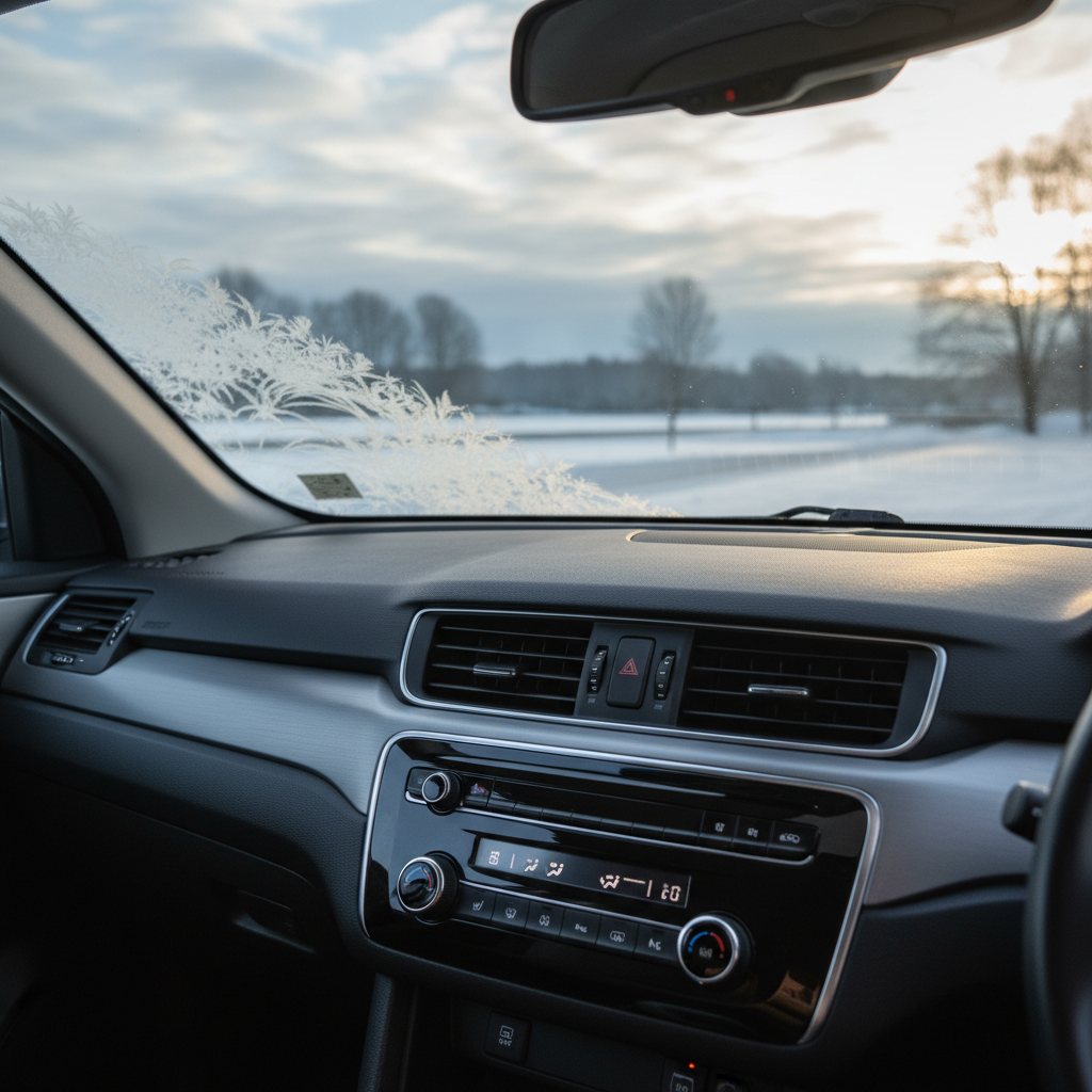 Car dashboard defrost settings on with windshield clearing in winter