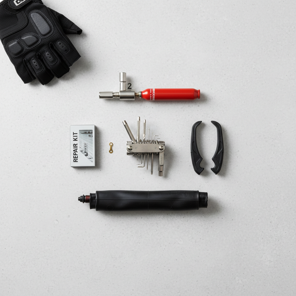 Bike multi-tool, tire levers, spare tube, and CO2 inflator laid out neatly