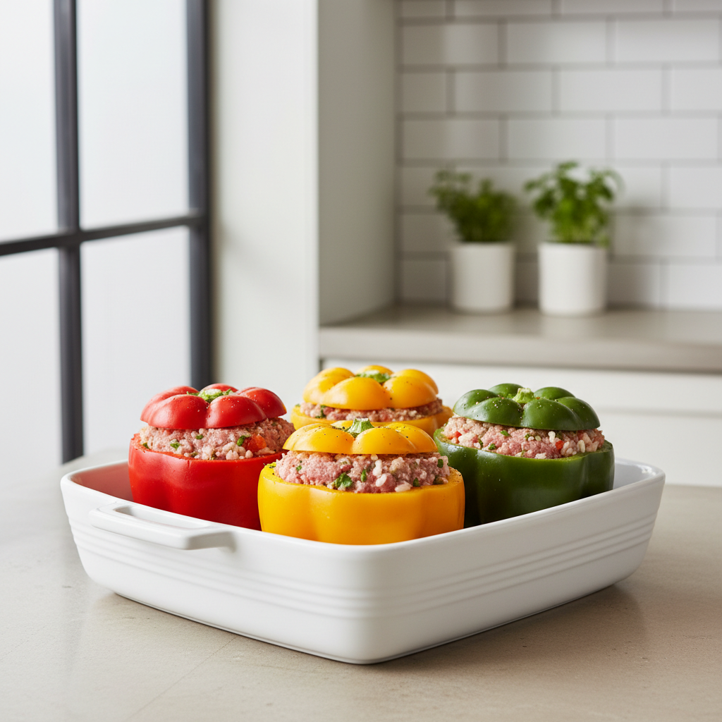 Fresh stuffed bell peppers ready for baking in a casserole dish