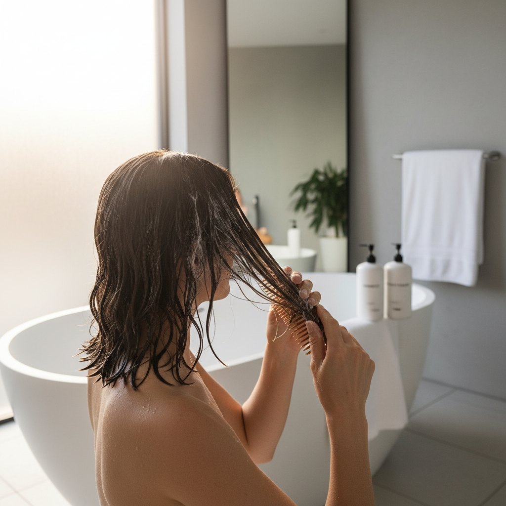 Healthy hair wash routine with conditioner and wide-tooth comb in shower