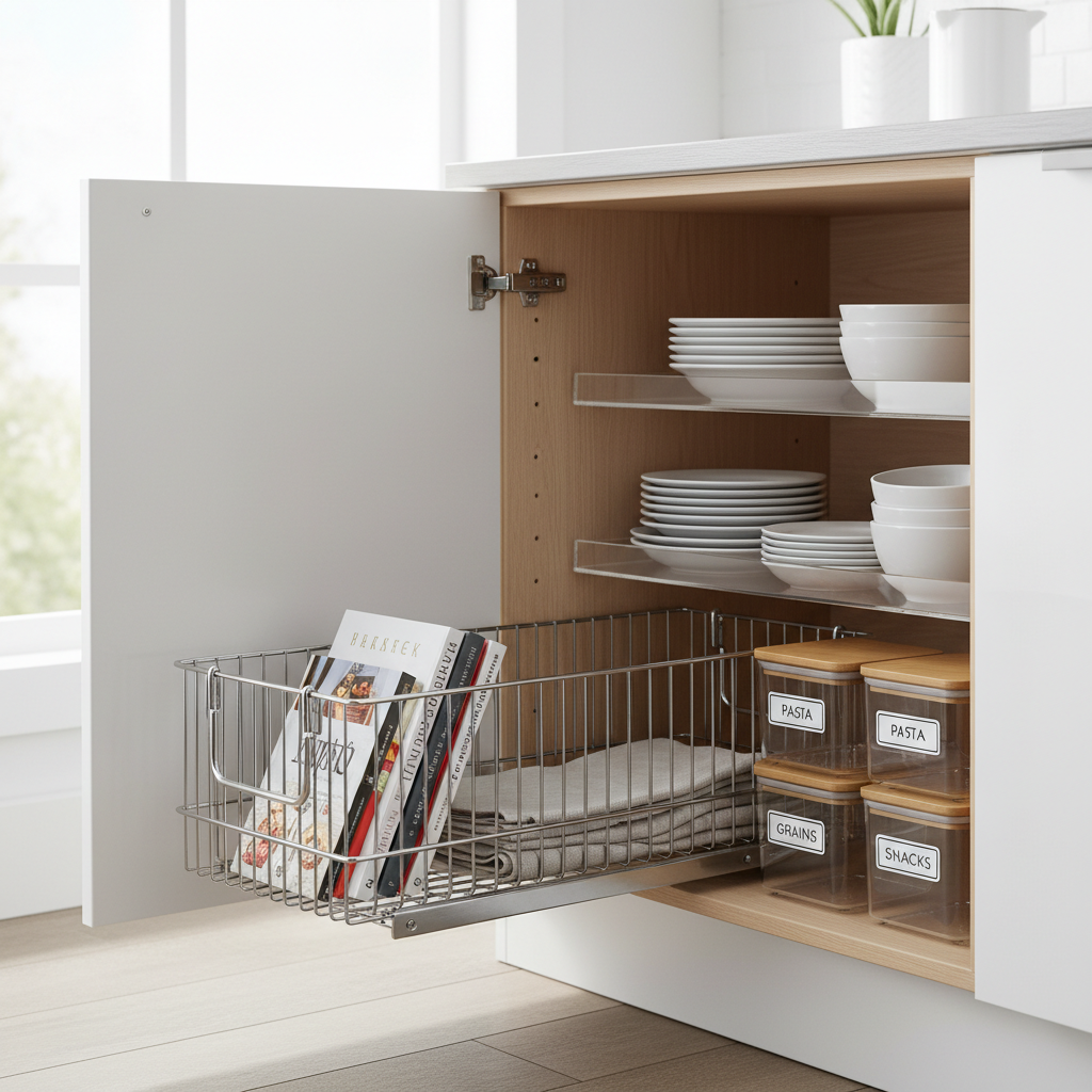 Pull-out cabinet organizers and shelf risers maximizing vertical storage in a small kitchen