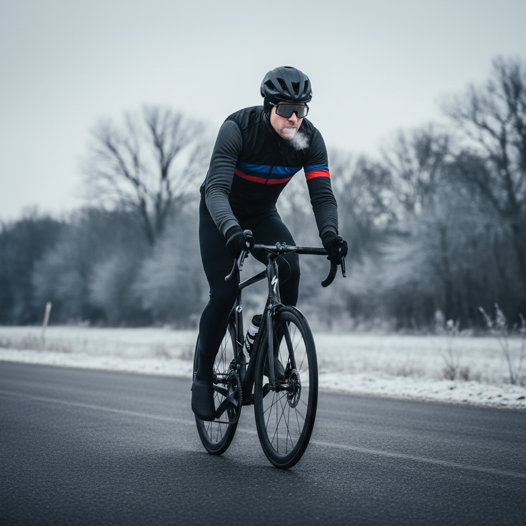 Cyclist wearing winter knee warmers on a cold road ride
