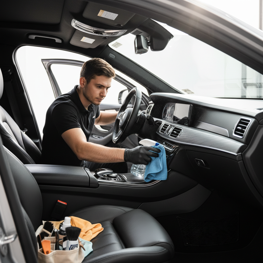 Person safely detailing a car interior using microfiber towels and a gentle interior cleaner with good ventilation