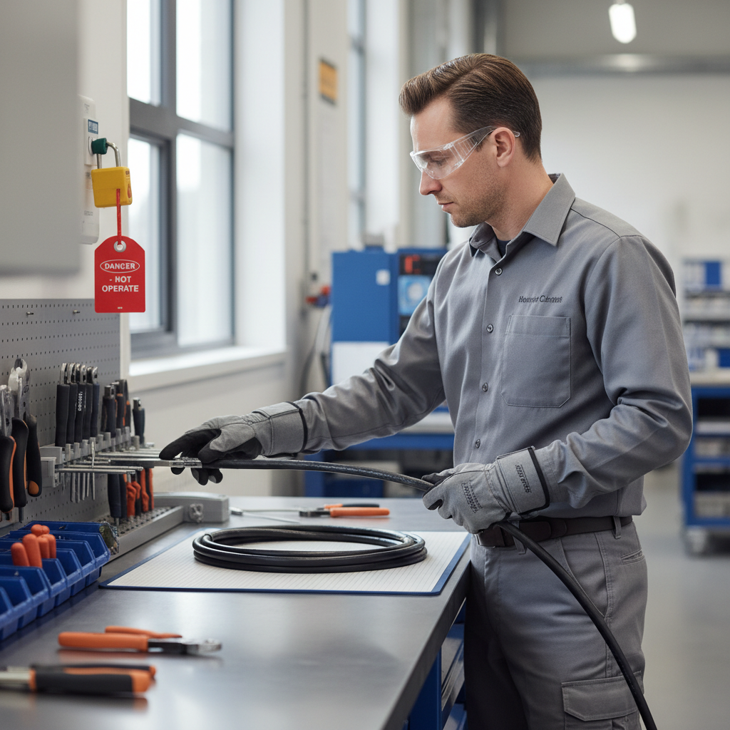 Electrician checking thick electrical cable and tools before cutting