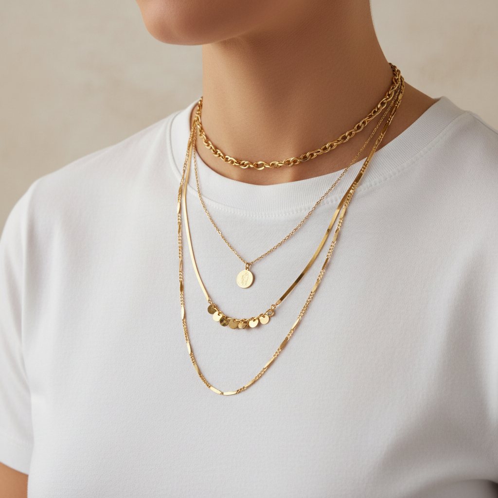 Layered gold necklaces on a model showing different chain lengths