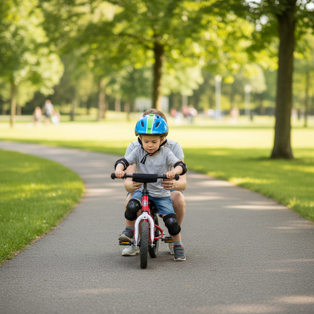 Child practicing a confident pedal start with a parent spotting lightly
