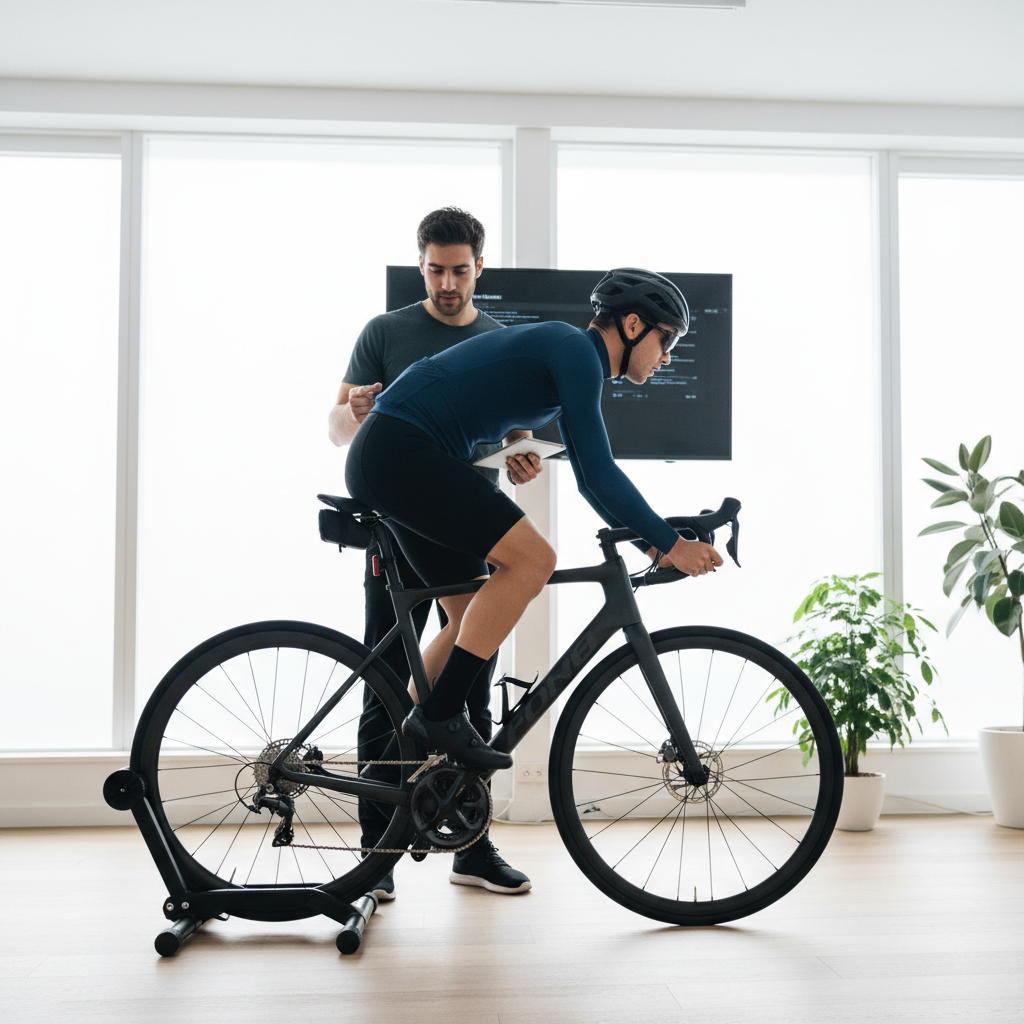 Cyclist checking hip rock while pedaling on indoor trainer