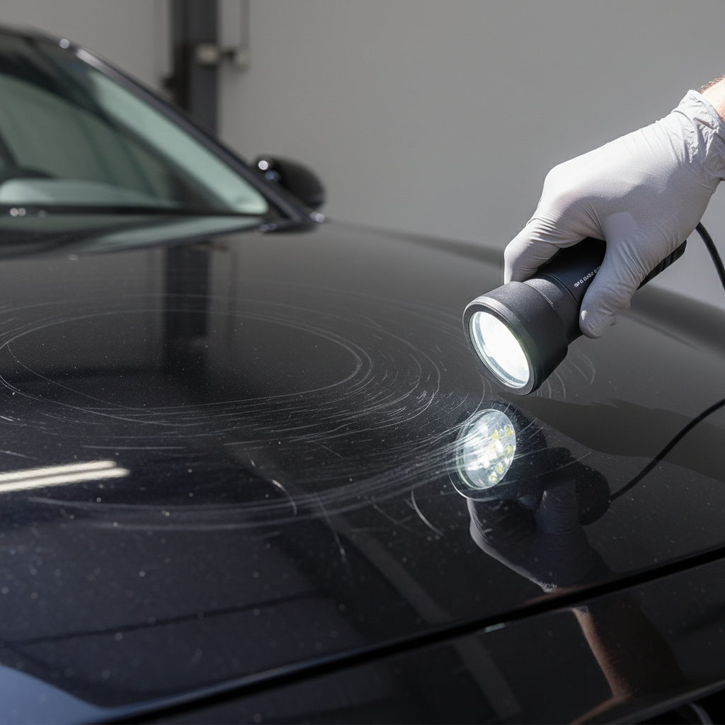 Swirl marks on black car paint under sunlight inspection