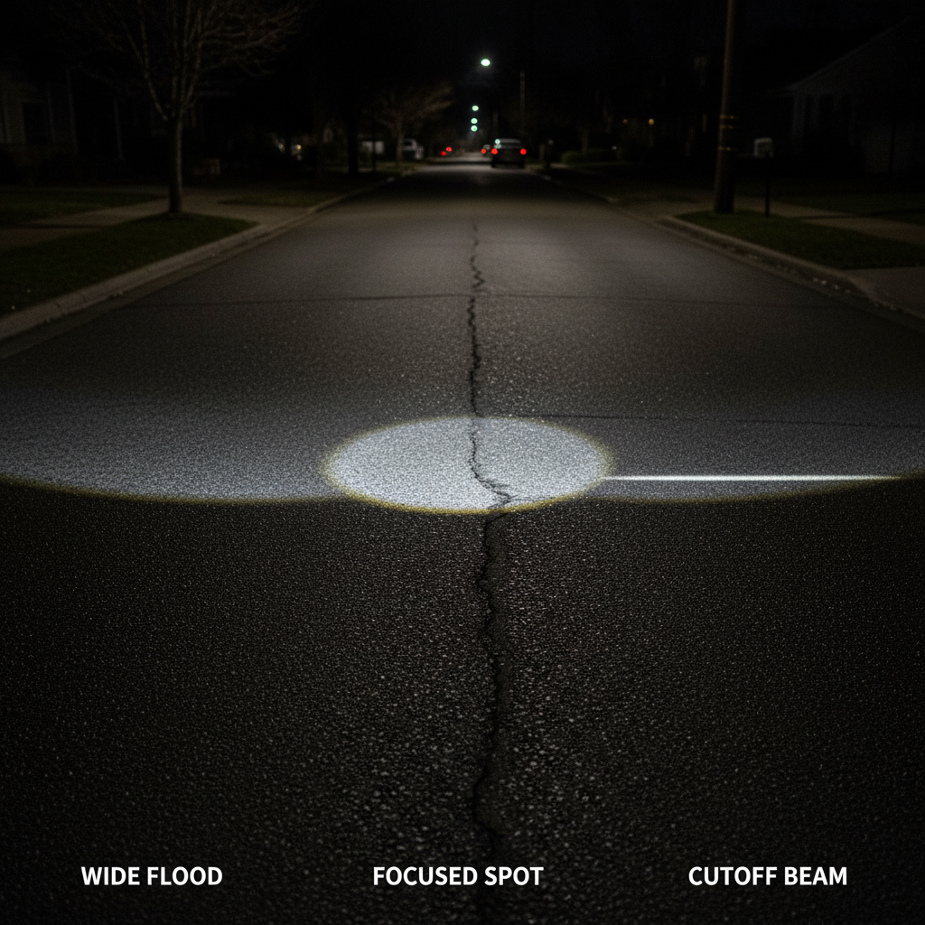 Comparison of bike light beam patterns: wide flood vs focused spot vs cutoff