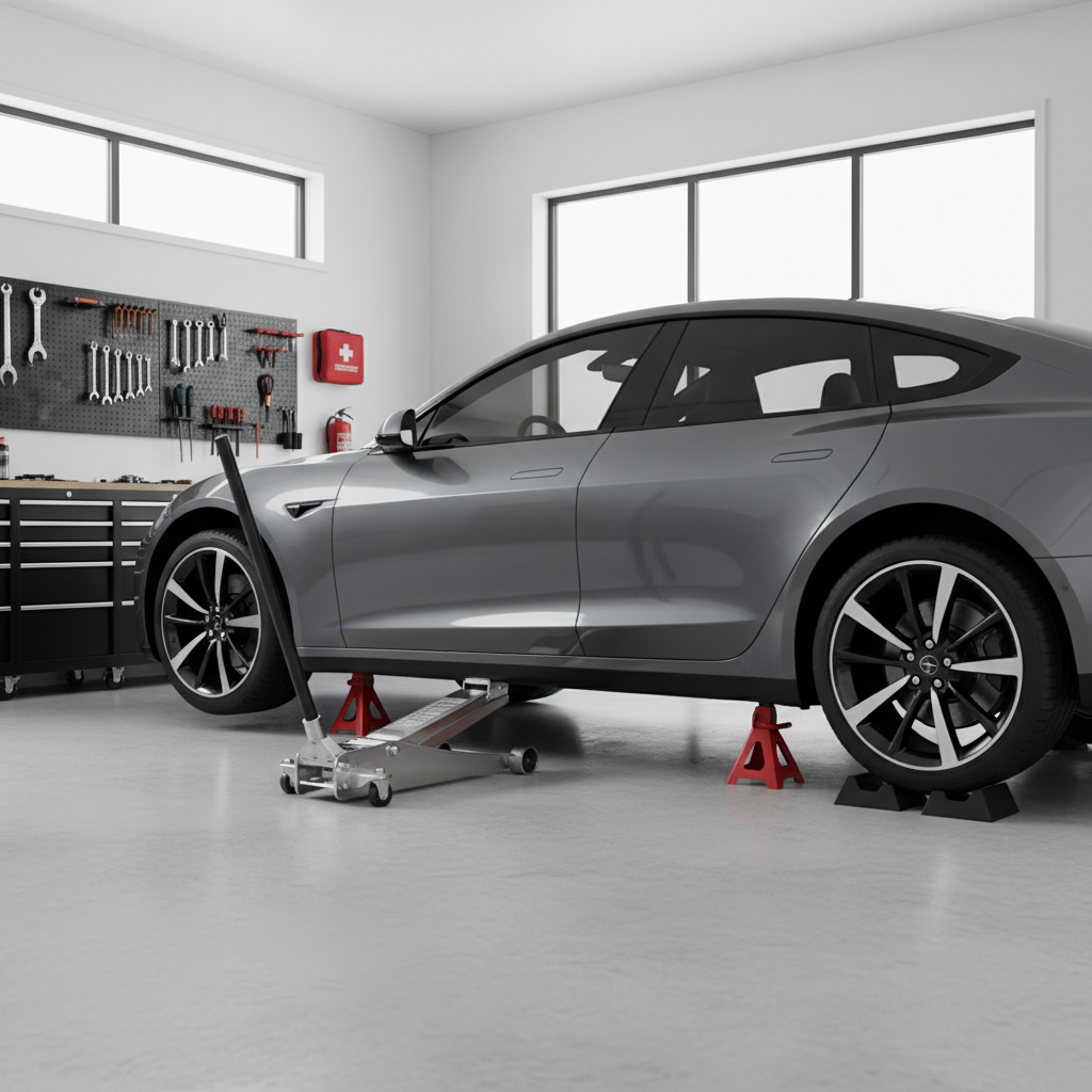 Car lifted with floor jack and properly placed jack stands on a flat concrete garage floor