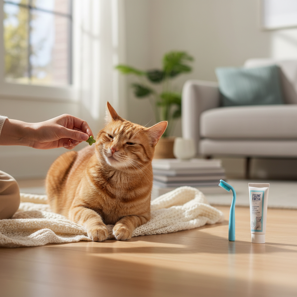 Owner giving a cat a dental treat as part of a daily oral care routine