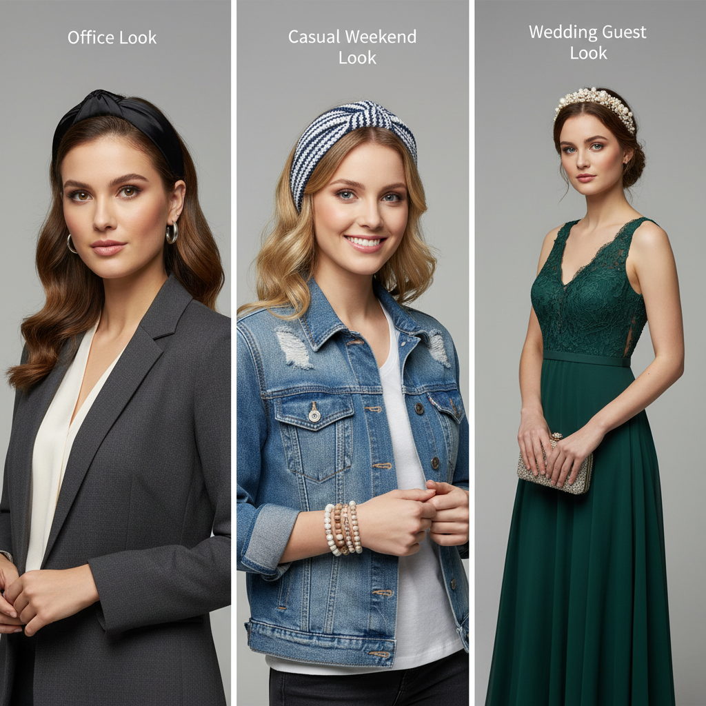 Three headband looks: office, casual, and wedding guest