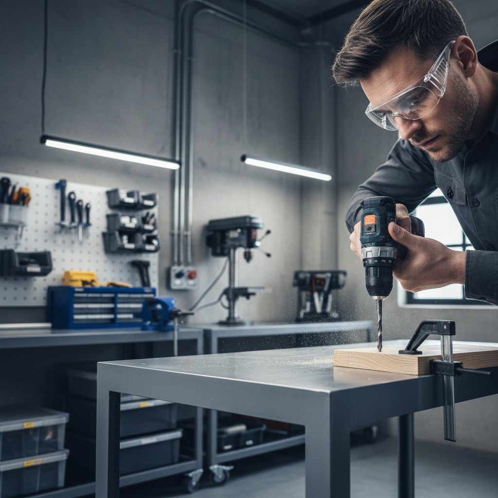 ANSI Z87.1 safety glasses used with cordless drill in a workshop