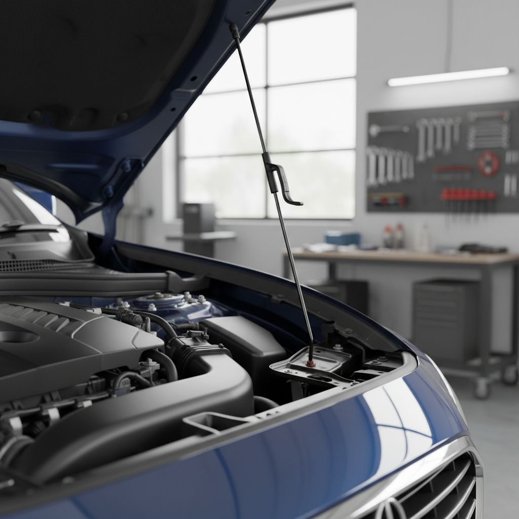 Car hood prop rod not seated in bracket showing worn clip and rust