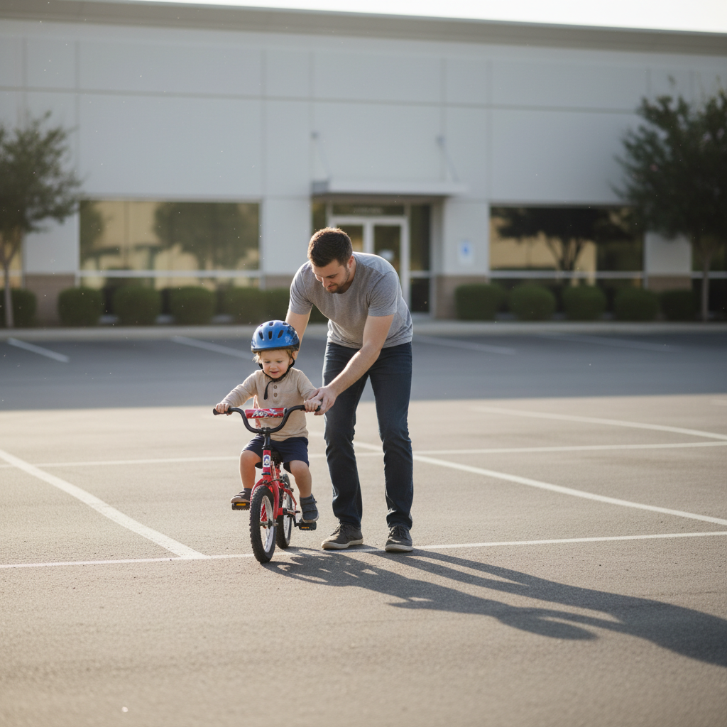 Parent teaching a child to balance on a bike in an empty parking lot