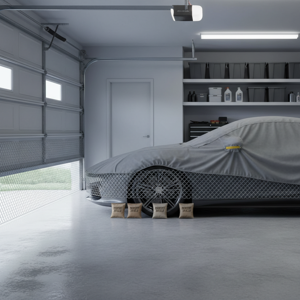 Rodent prevention setup for car storage with mesh and deterrent packs