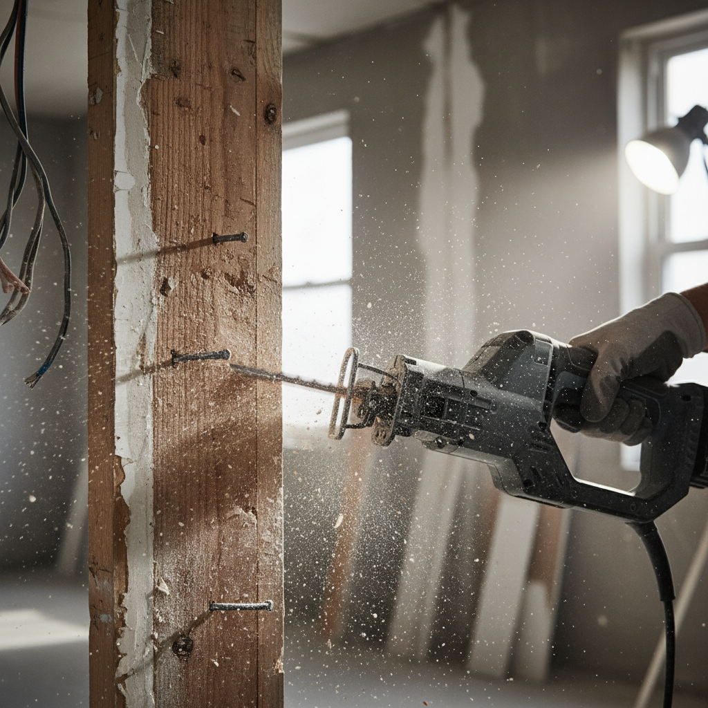 Reciprocating saw cutting through wood studs with nails during demolition