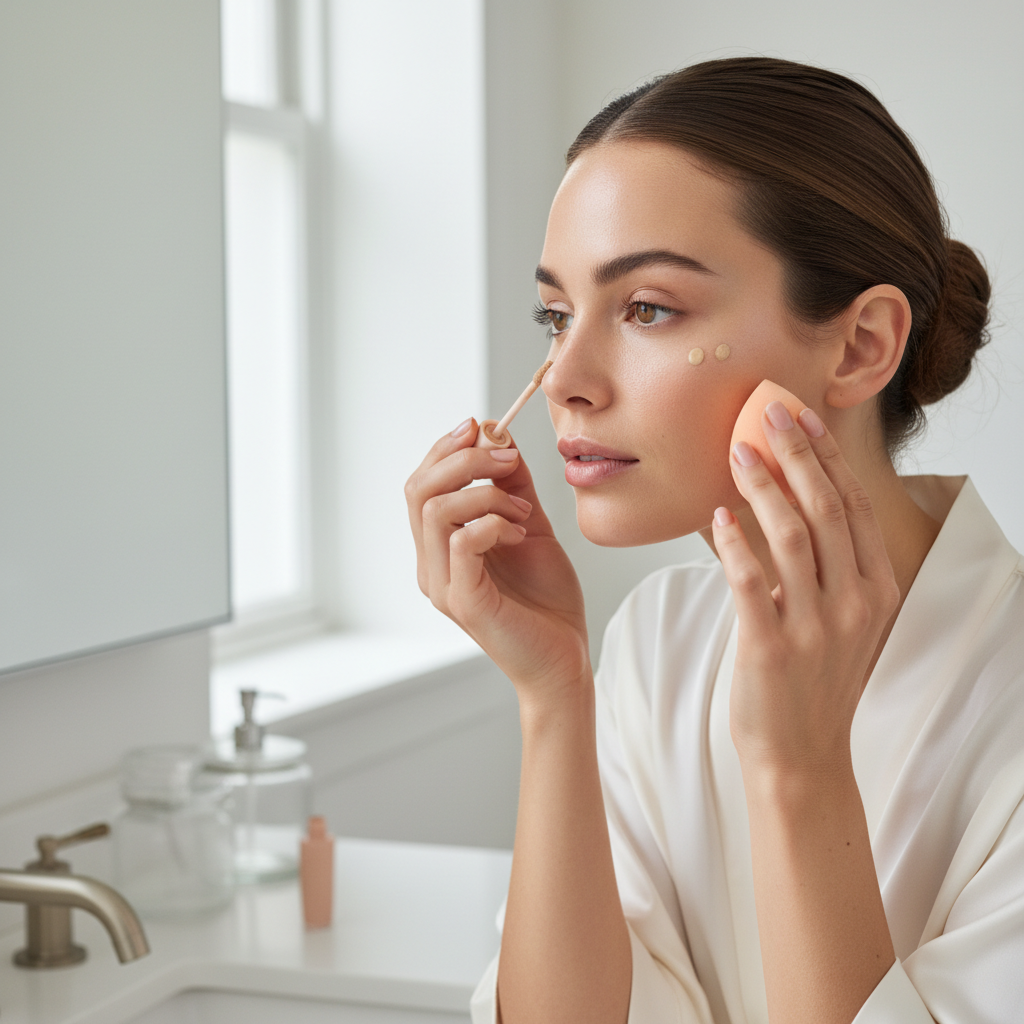 Under-eye concealer application showing small dot placement and blending