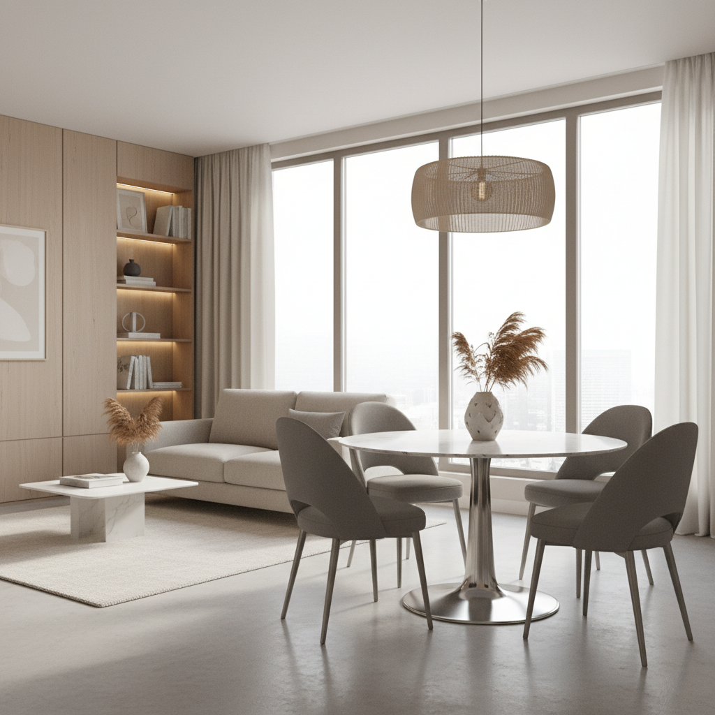 Modern round pedestal dining table in a small open-plan living space