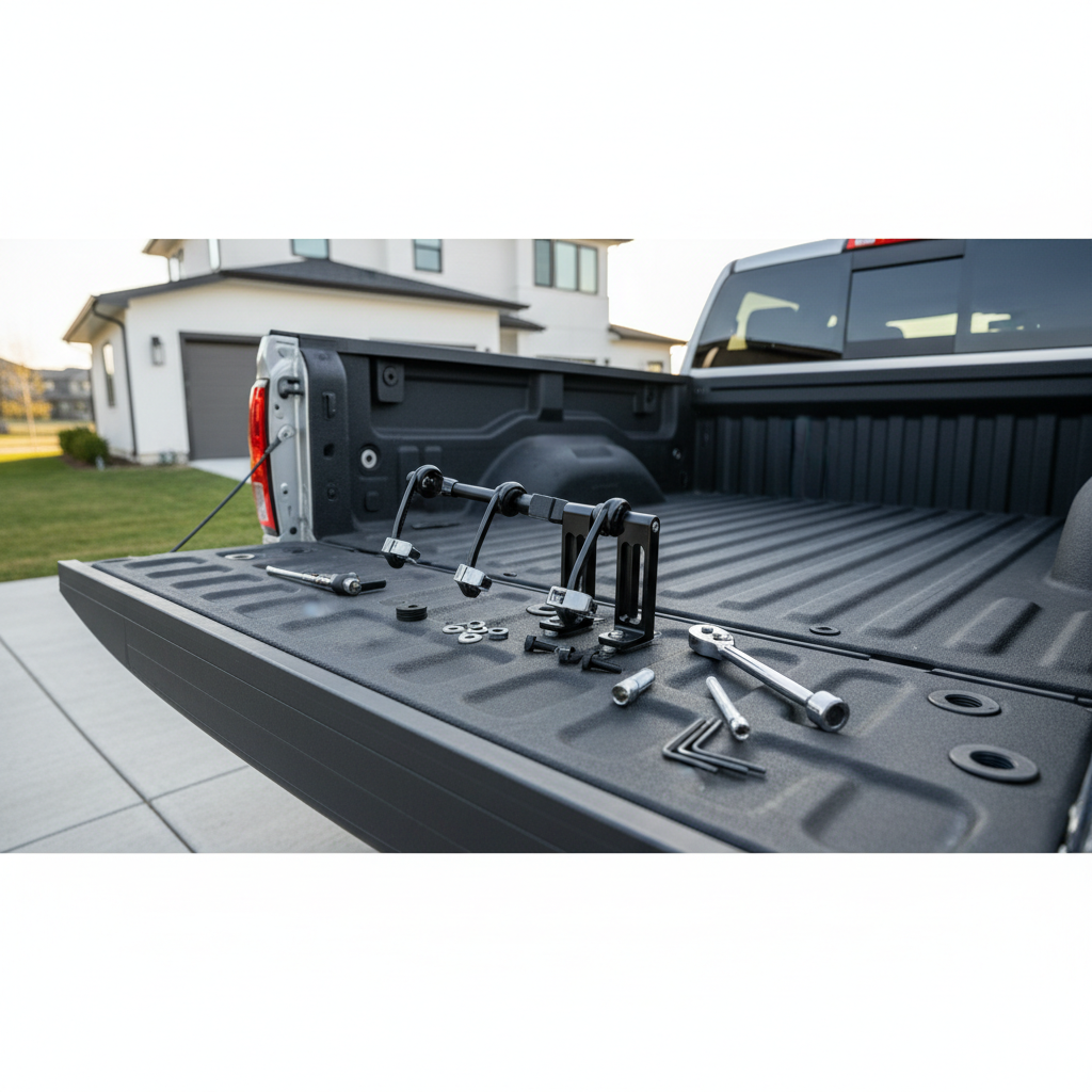 Truck bed bike rack installation overview with tools and mounting points