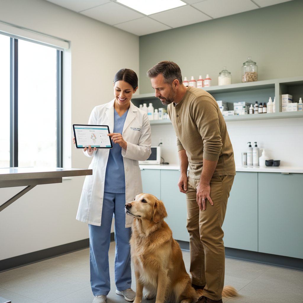 Veterinarian discussing arthritis pain management plan with dog owner in exam room