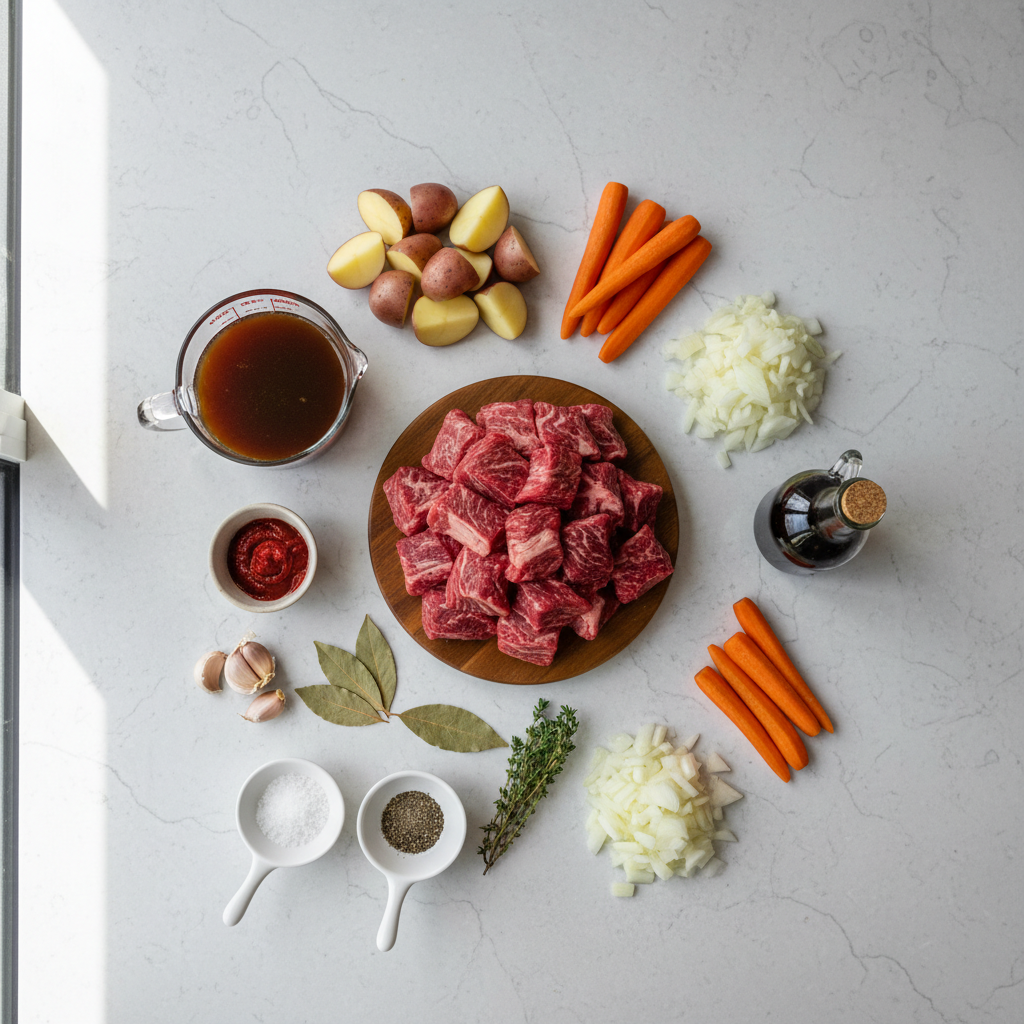 Beef stew ingredients laid out: chuck roast, carrots, potatoes, onion, garlic, broth, herbs